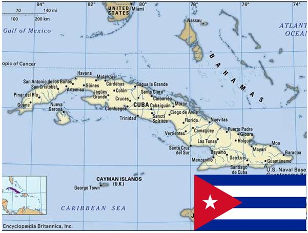 Map of the island of Cuba, Cuban flag in the foreground