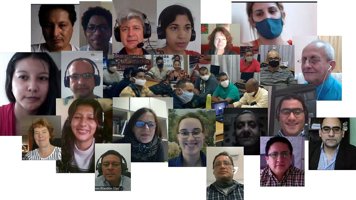 Portraits of the participants in the online workshop, partly with mask or headphones