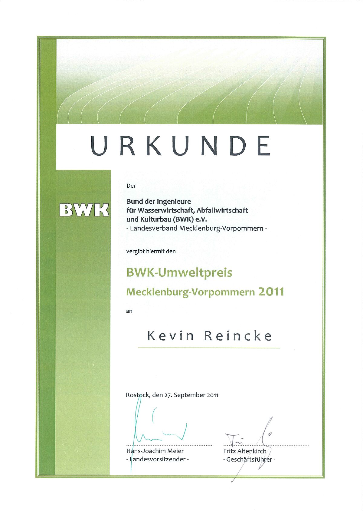 BWK Umweltpreis 2011 für M. Sc. Kevin Reincke