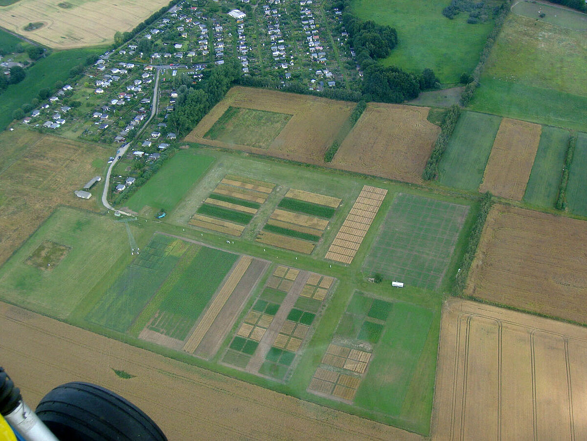 Aerial view of our trial field near Rostock (Stover Acker). The parcelling with the cultivation of various crops is clearly visible.