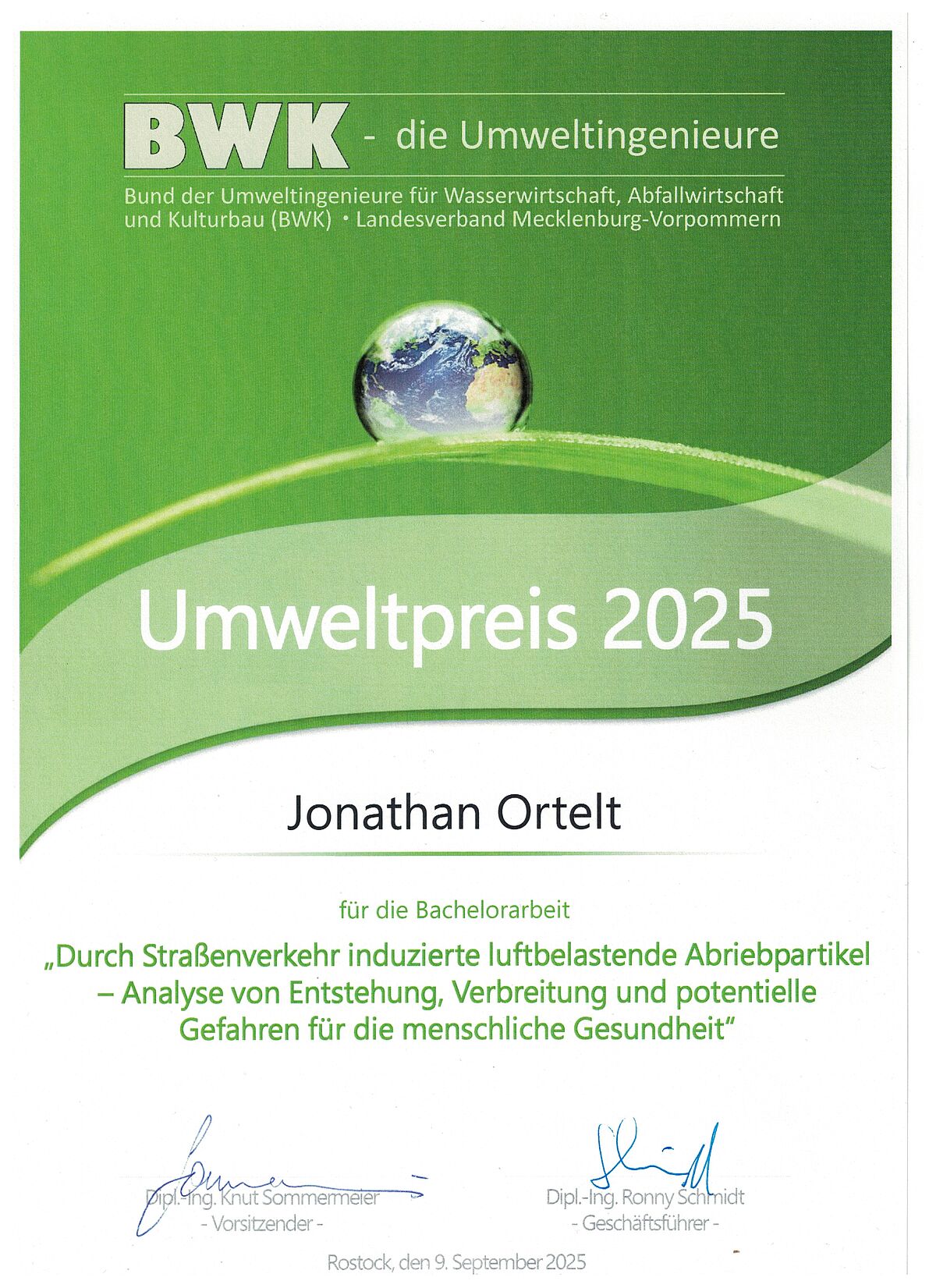 BWK Umweltpreis 2025 für B.Sc. Jonathan Ortelt