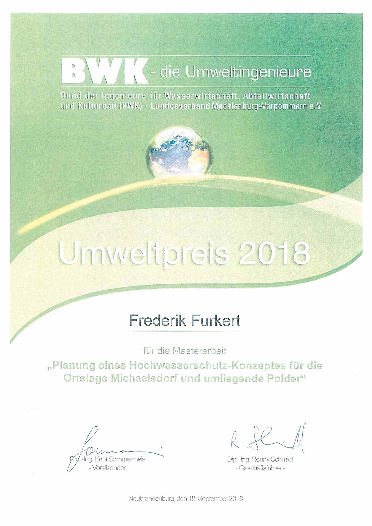 BWK Umweltpreis 2018 für M.Sc. Frederik Furkert