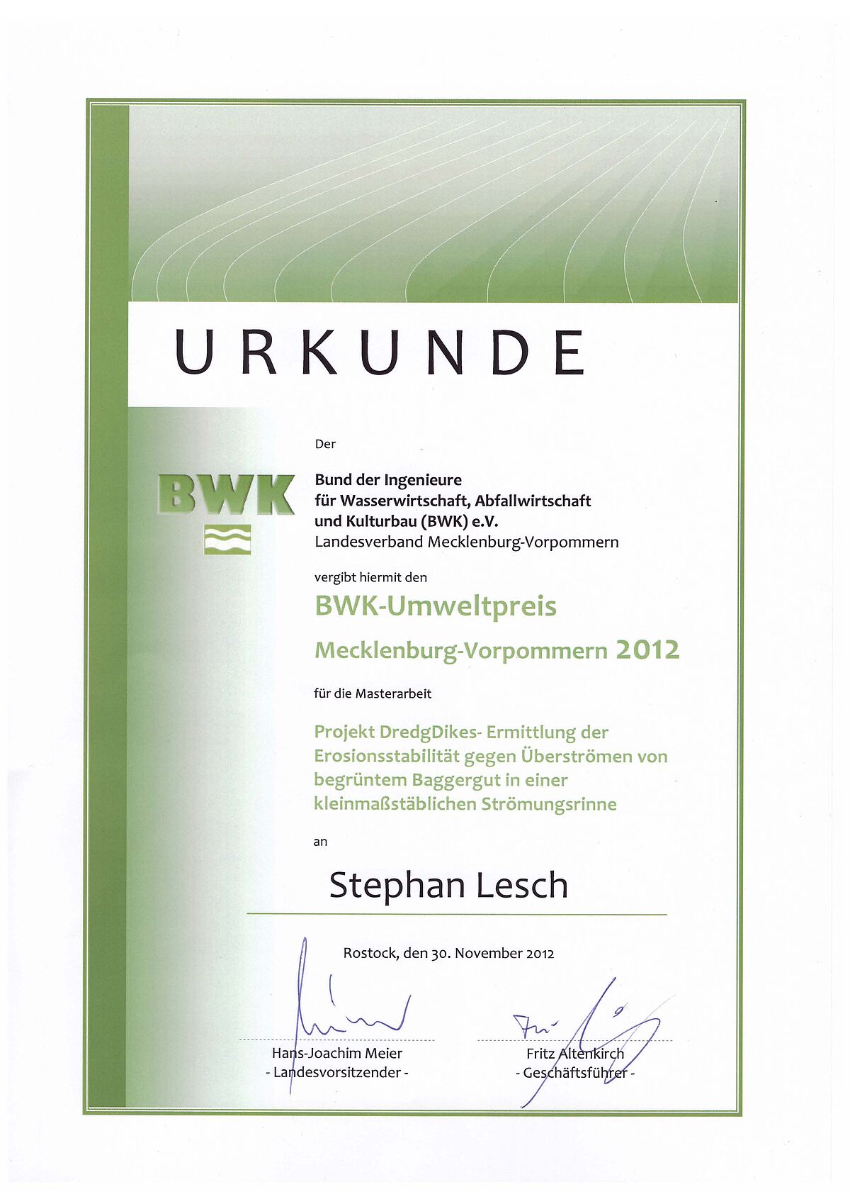 BWK Umweltpreis 2012 für M.Sc. Stephan Lesch